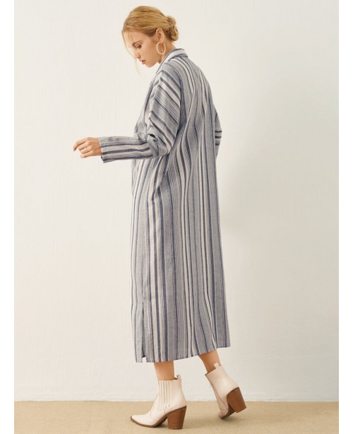 Stripe Pattern Long Sleeve Button Slit Hem Maxi Dr...