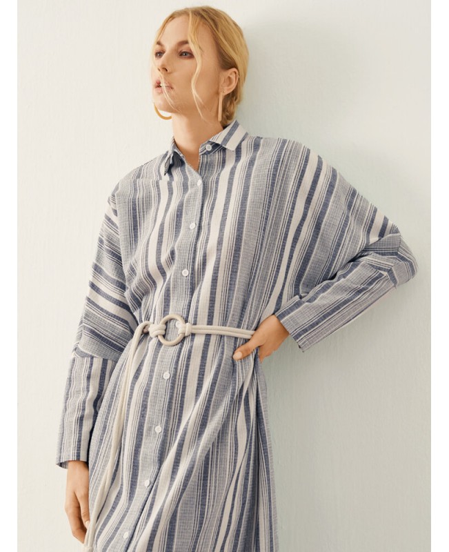 Stripe Pattern Long Sleeve Button Slit Hem Maxi Dress - Blue S