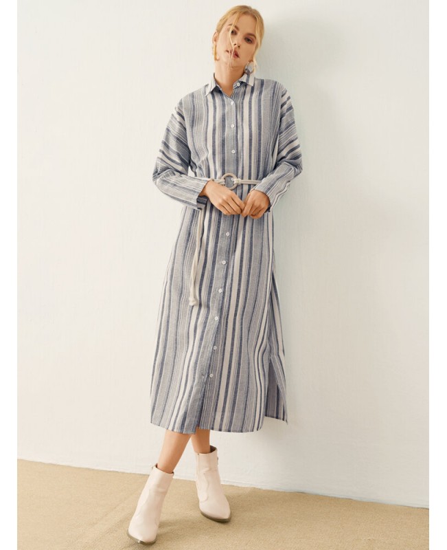 Stripe Pattern Long Sleeve Button Slit Hem Maxi Dress - Blue S