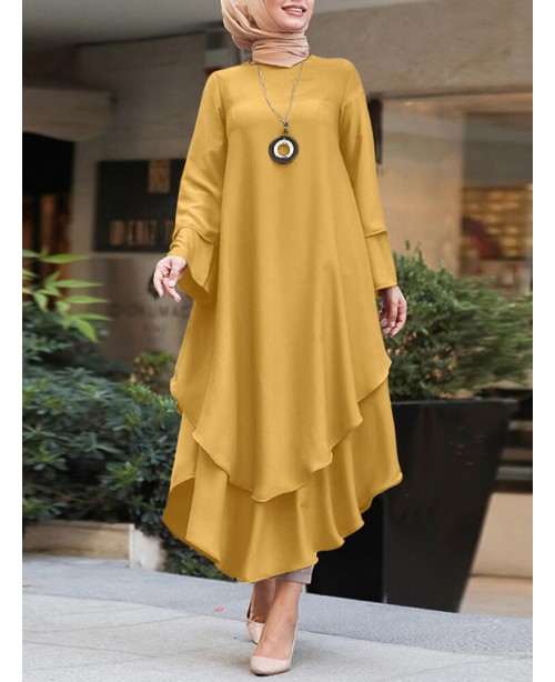 Women Pure Color Layered Irregular Hem Kaftan Casu...