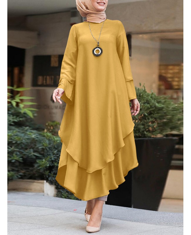 Women Pure Color Layered Irregular Hem Kaftan Casual Long Sleeve Maxi Dresses - Yellow S