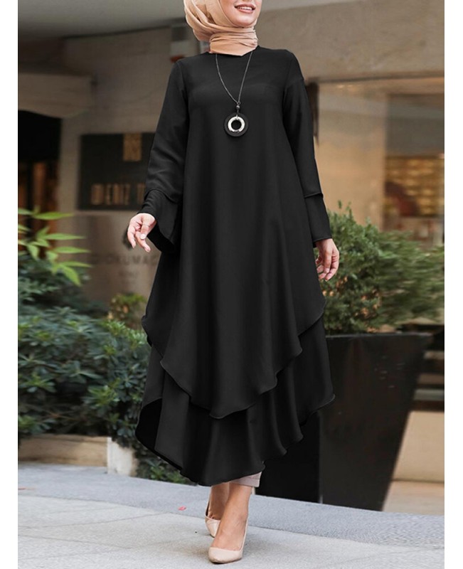 Women Pure Color Layered Irregular Hem Kaftan Casual Long Sleeve Maxi Dresses - Yellow S