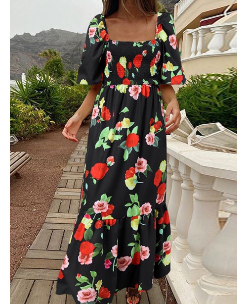 Women Holiday Square Neck Puff Sleeve Slim Fit Fis...