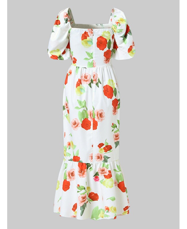 Women Holiday Square Neck Puff Sleeve Slim Fit Fishtail Swing Floral Print Maxi Dress - Black S