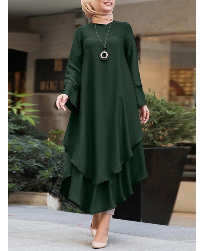 Women Pure Color Layered Irregular Hem Kaftan Casual Long Sleeve Maxi Dresses - Yellow S