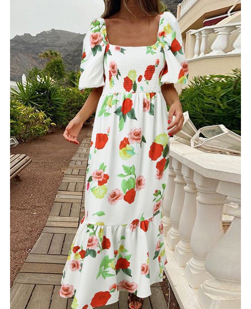 Women Holiday Square Neck Puff Sleeve Slim Fit Fis...