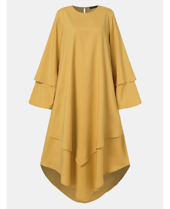 Women Pure Color Layered Irregular Hem Kaftan Casual Long Sleeve Maxi Dresses - Yellow S