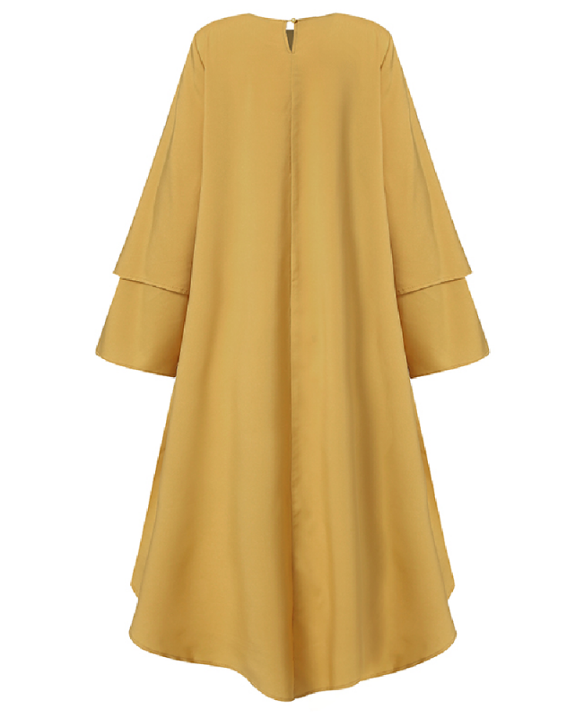 Women Pure Color Layered Irregular Hem Kaftan Casual Long Sleeve Maxi Dresses - Yellow S