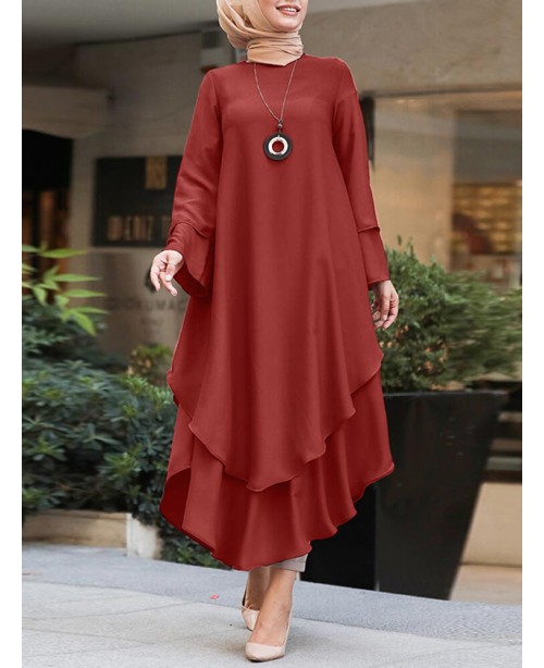 Women Pure Color Layered Irregular Hem Kaftan Casu...