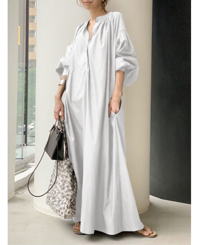 Women Puff Sleeve Stand Collar Solid Color Swing Shirt Casual Maxi Dress With Pocket - Black M