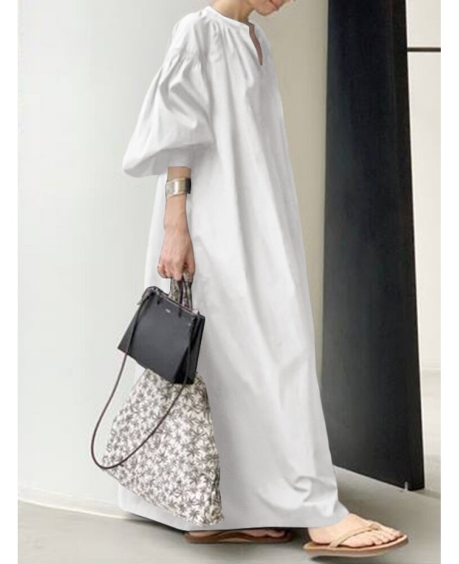 Women Puff Sleeve Stand Collar Solid Color Swing Shirt Casual Maxi Dress With Pocket - Black M