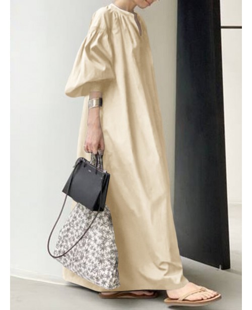 Women Puff Sleeve Stand Collar Solid Color Swing S...