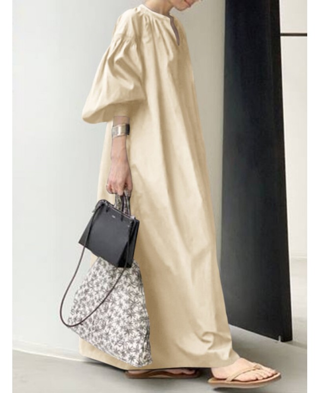 Women Puff Sleeve Stand Collar Solid Color Swing Shirt Casual Maxi Dress With Pocket - Black M