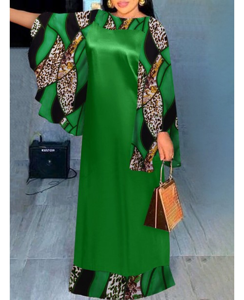 Leopard Print Contrast Color Bell Sleeve Crew Neck...