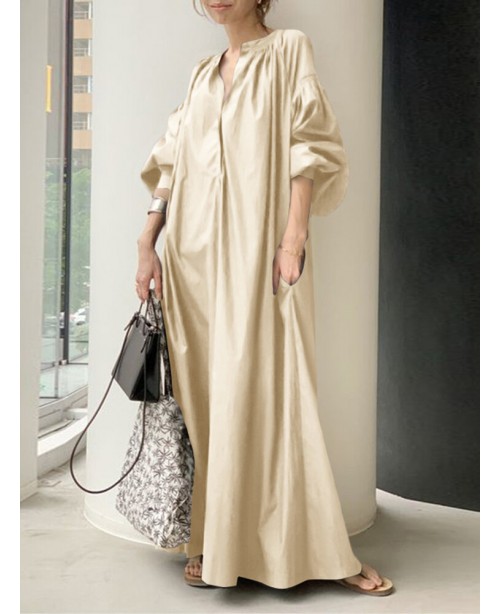 Women Puff Sleeve Stand Collar Solid Color Swing S...