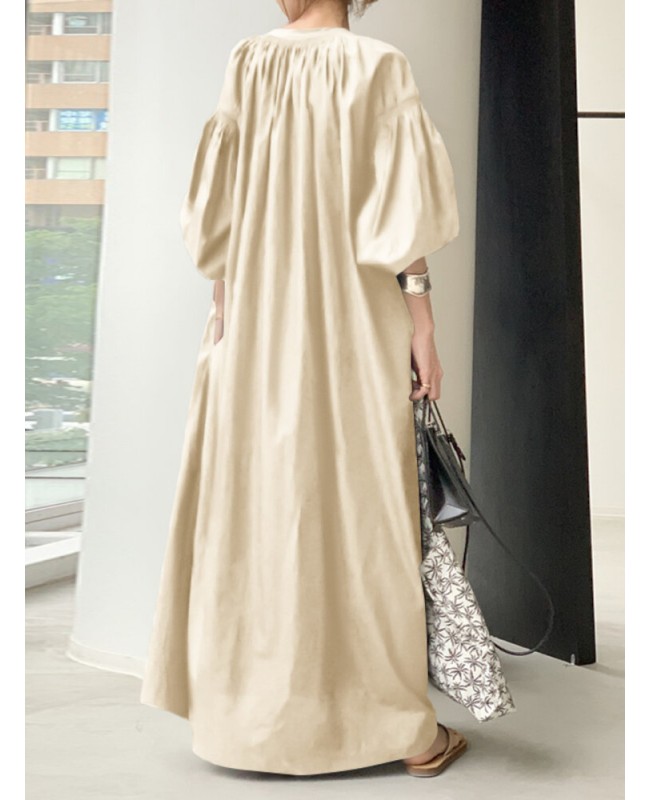Women Puff Sleeve Stand Collar Solid Color Swing Shirt Casual Maxi Dress With Pocket - Black M
