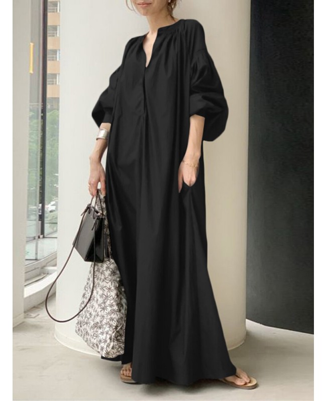 Women Puff Sleeve Stand Collar Solid Color Swing Shirt Casual Maxi Dress With Pocket - Black M