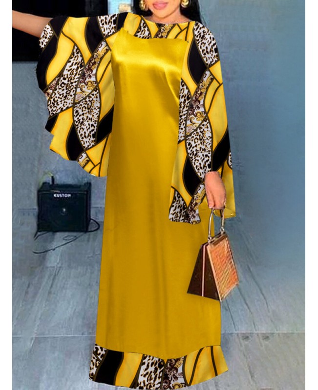 Leopard Print Contrast Color Bell Sleeve Crew Neck Maxi Dress - Green S