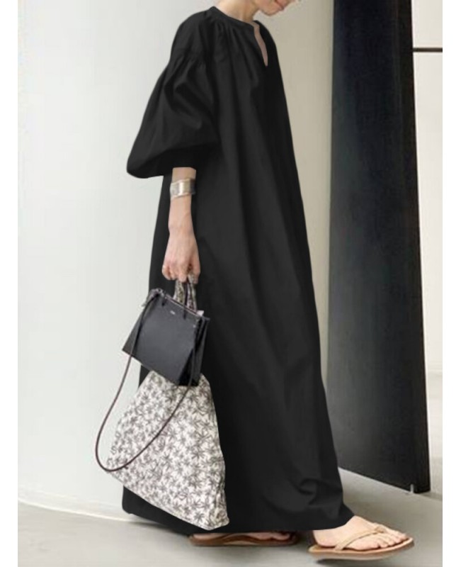 Women Puff Sleeve Stand Collar Solid Color Swing Shirt Casual Maxi Dress With Pocket - Black M
