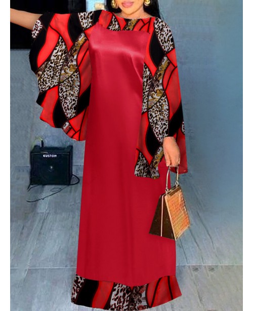 Leopard Print Contrast Color Bell Sleeve Crew Neck...