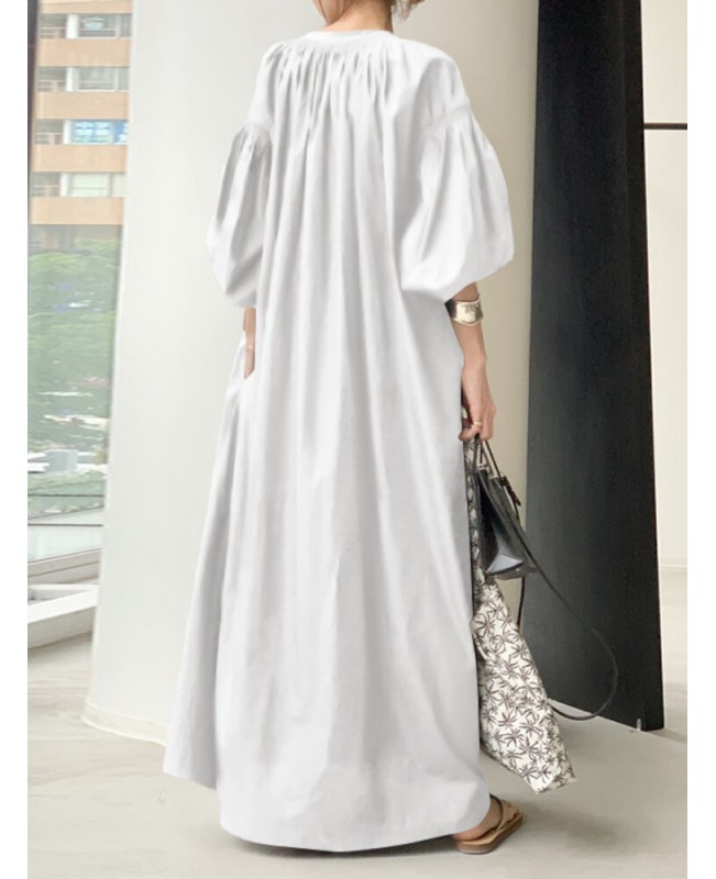 Women Puff Sleeve Stand Collar Solid Color Swing Shirt Casual Maxi Dress With Pocket - Black M