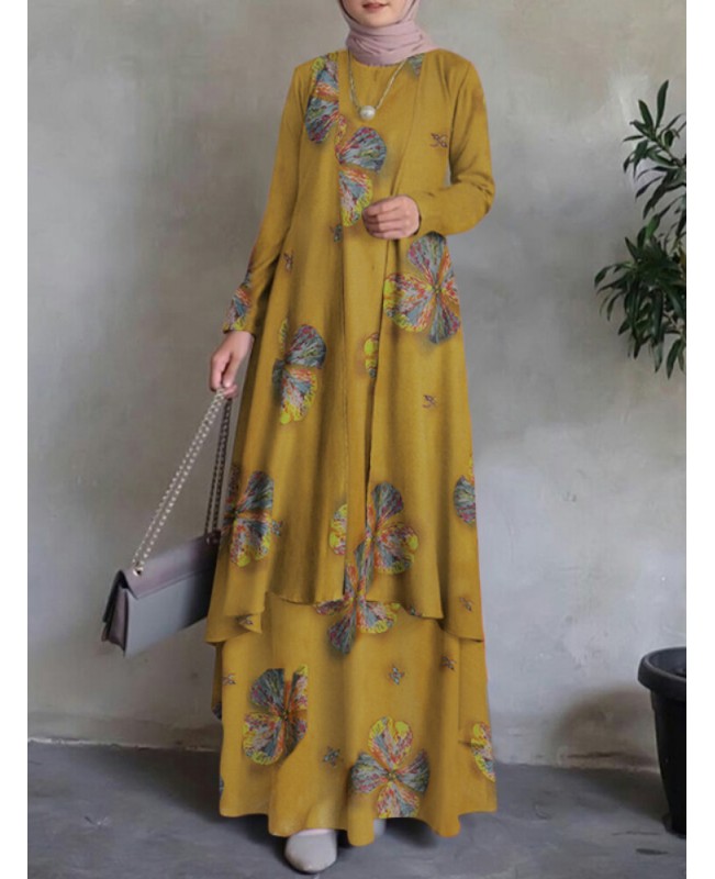 Women Kaftan Tunic 100% Cotton Double-layer Design Leisure Floral Maxi Dress - Yellow 2XL