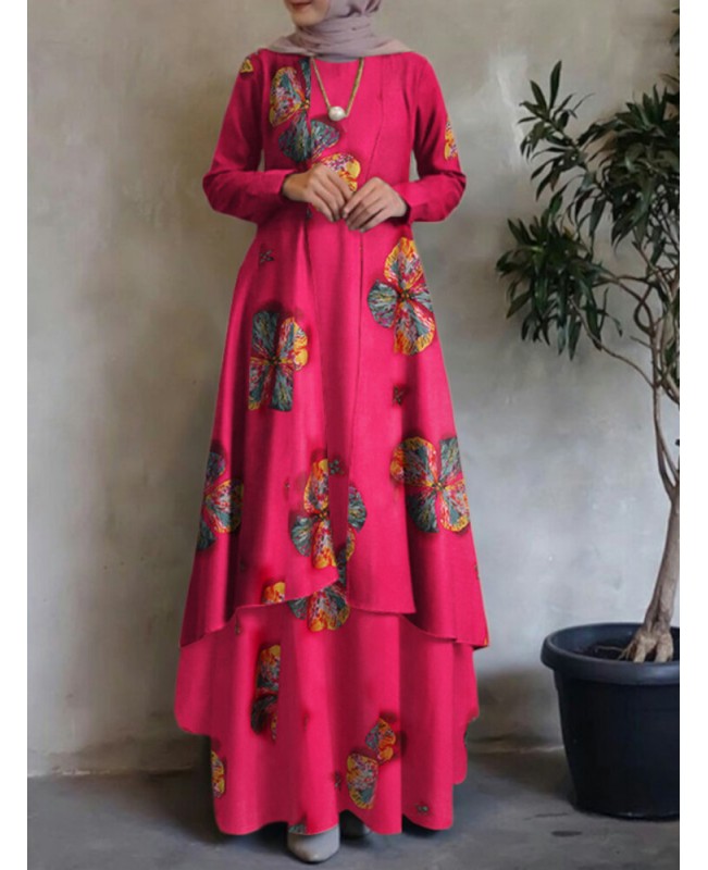 Women Kaftan Tunic 100% Cotton Double-layer Design Leisure Floral Maxi Dress - Yellow 2XL