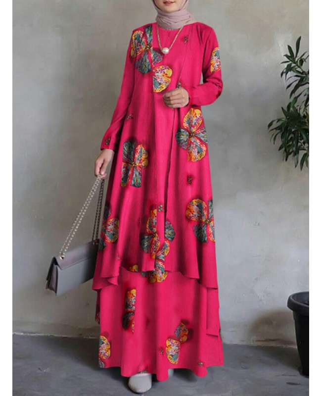 Women Kaftan Tunic 100% Cotton Double-layer Design Leisure Floral Maxi Dress - Yellow 2XL
