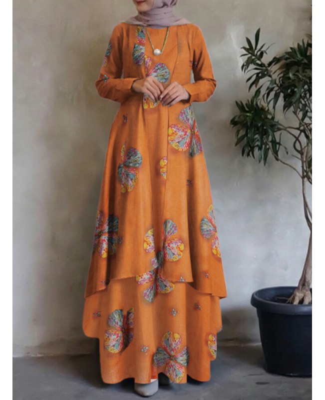 Women Kaftan Tunic 100% Cotton Double-layer Design Leisure Floral Maxi Dress - Yellow 2XL
