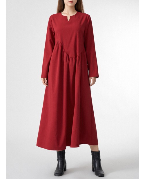 Women Solid Half Open Collar Long Sleeve Maxi Dres...