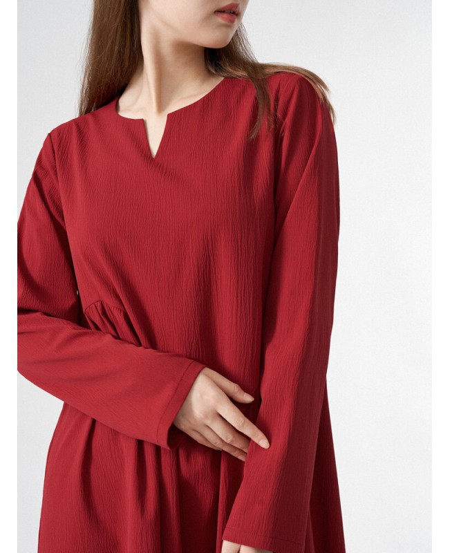 Women Solid Half Open Collar Long Sleeve Maxi Dress - Wine Red S