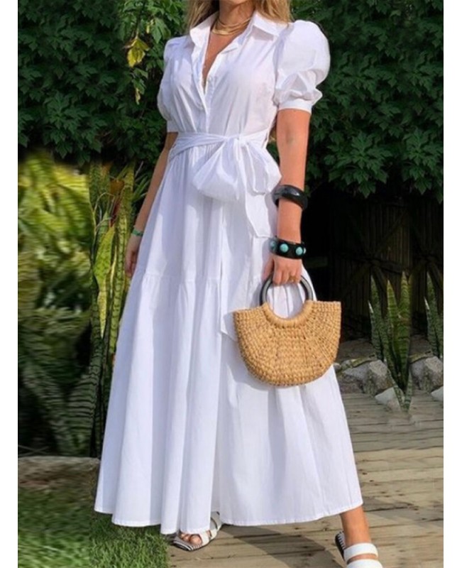 Solid Puff Sleeve Belt Bow Button Lapel Maxi Shirt Dress - Black S