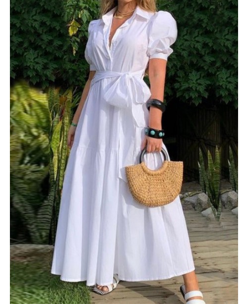 Solid Puff Sleeve Belt Bow Button Lapel Maxi Shirt...