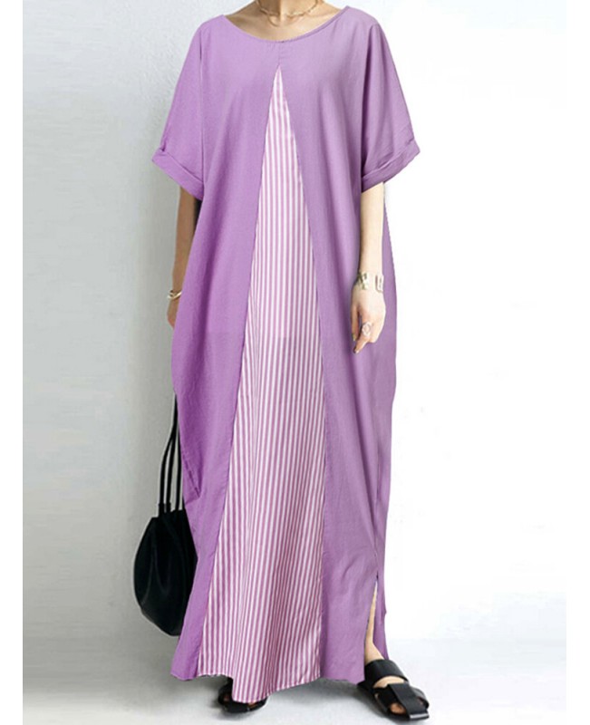 Pocket Short Sleeve Splicing Striped Color Block Maxi Dress - purple S