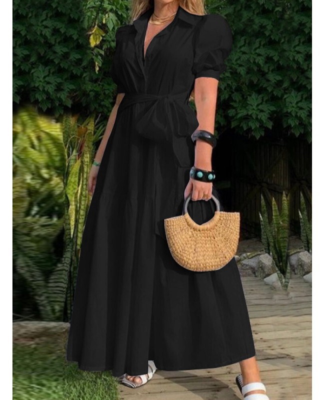 Solid Puff Sleeve Belt Bow Button Lapel Maxi Shirt Dress - Black S