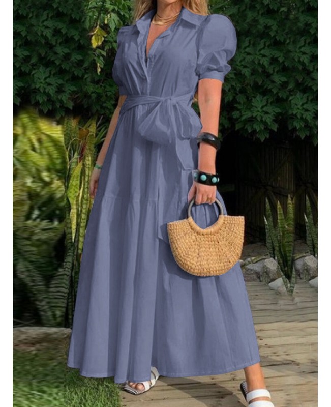 Solid Puff Sleeve Belt Bow Button Lapel Maxi Shirt Dress - Black S