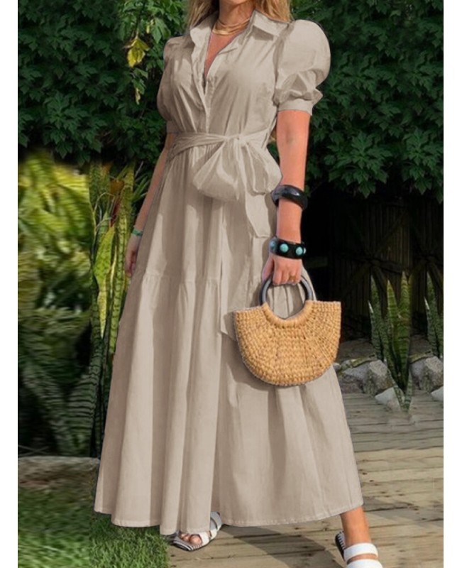 Solid Puff Sleeve Belt Bow Button Lapel Maxi Shirt Dress - Black S