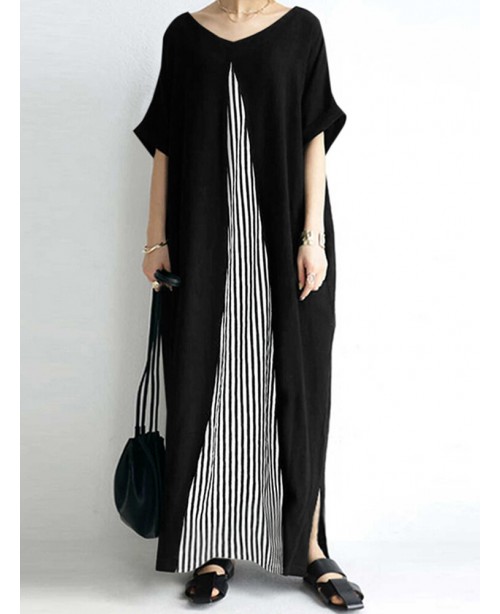 Pocket Short Sleeve Splicing Striped Color Block M...
