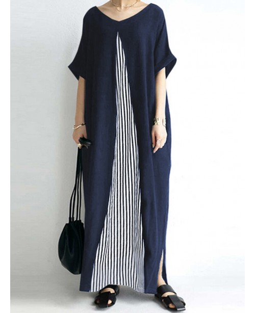 Pocket Short Sleeve Splicing Striped Color Block M...