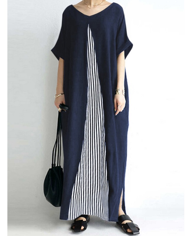 Pocket Short Sleeve Splicing Striped Color Block Maxi Dress - purple S