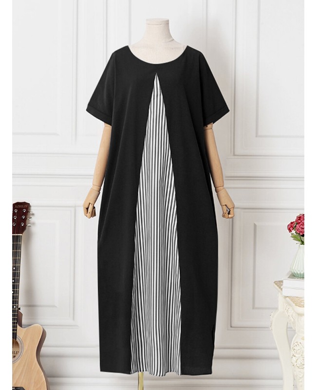 Pocket Short Sleeve Splicing Striped Color Block Maxi Dress - purple S
