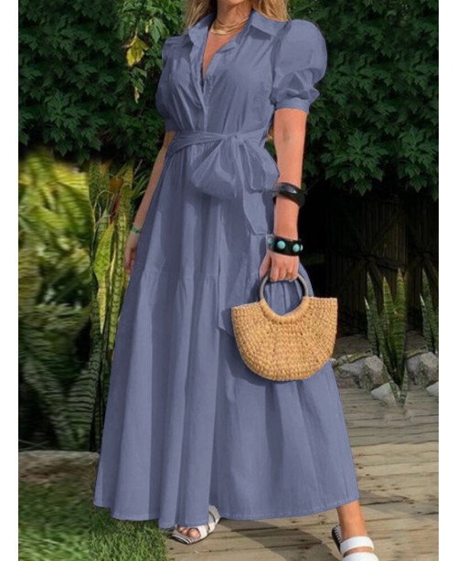 Solid Puff Sleeve Belt Bow Button Lapel Maxi Shirt...