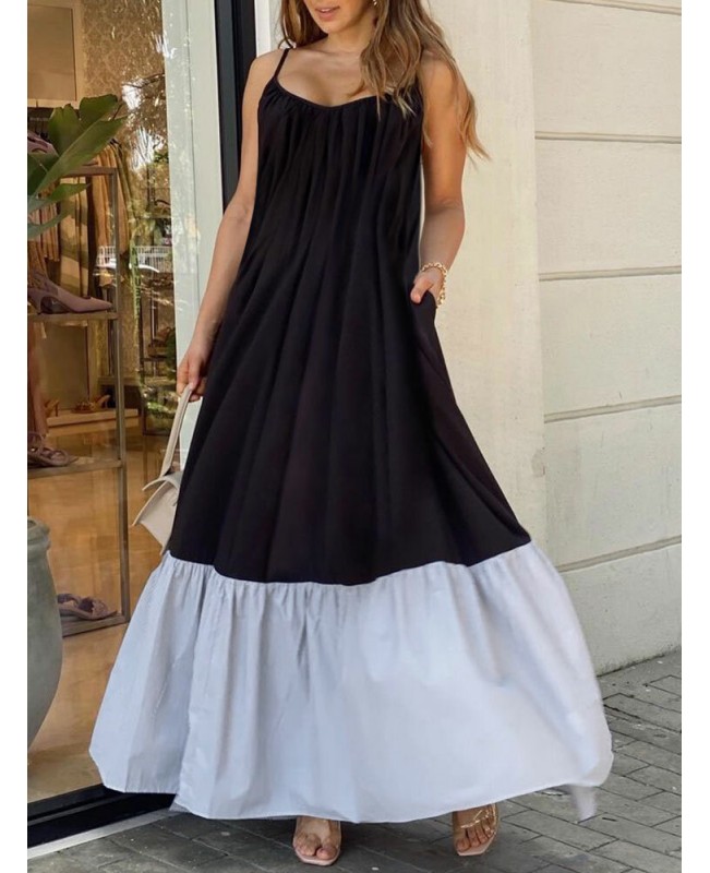 Striped Patchwork Pocket Adjustable Strap Backless Ruched Spaghetti Maxi Dress - Black S
