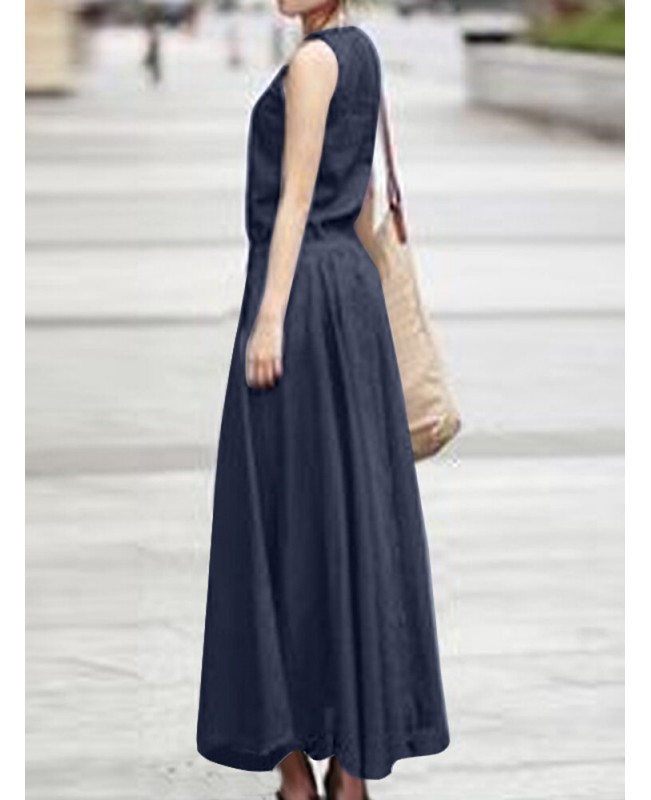 Solid Drawstring Ruched Sleeveless Casual Maxi Dress - Navy 3XL