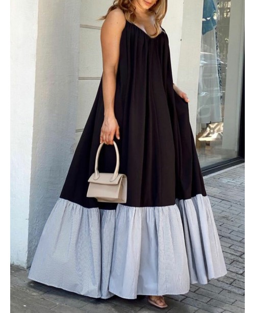 Striped Patchwork Pocket Adjustable Strap Backless...