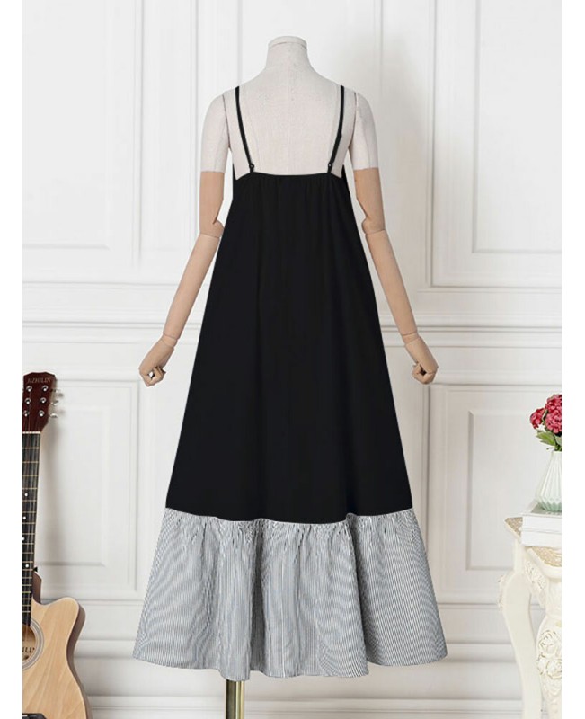 Striped Patchwork Pocket Adjustable Strap Backless Ruched Spaghetti Maxi Dress - Black S