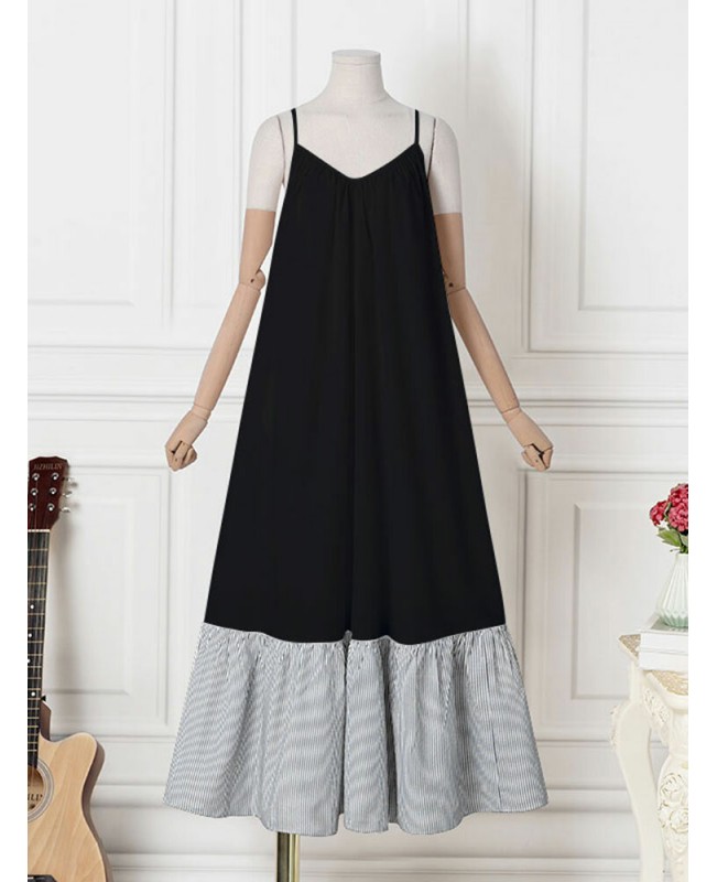 Striped Patchwork Pocket Adjustable Strap Backless Ruched Spaghetti Maxi Dress - Black S