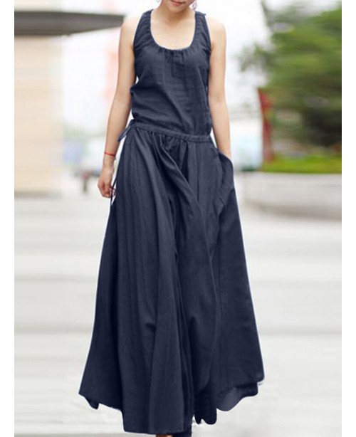 Solid Drawstring Ruched Sleeveless Casual Maxi Dre...
