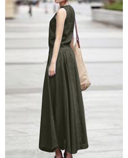 Solid Drawstring Ruched Sleeveless Casual Maxi Dre...