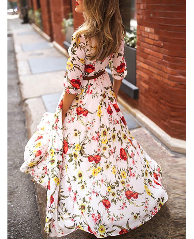 Flower Print Lantern Sleeve Back-Zip Round Neck Maxi Dress - Black S